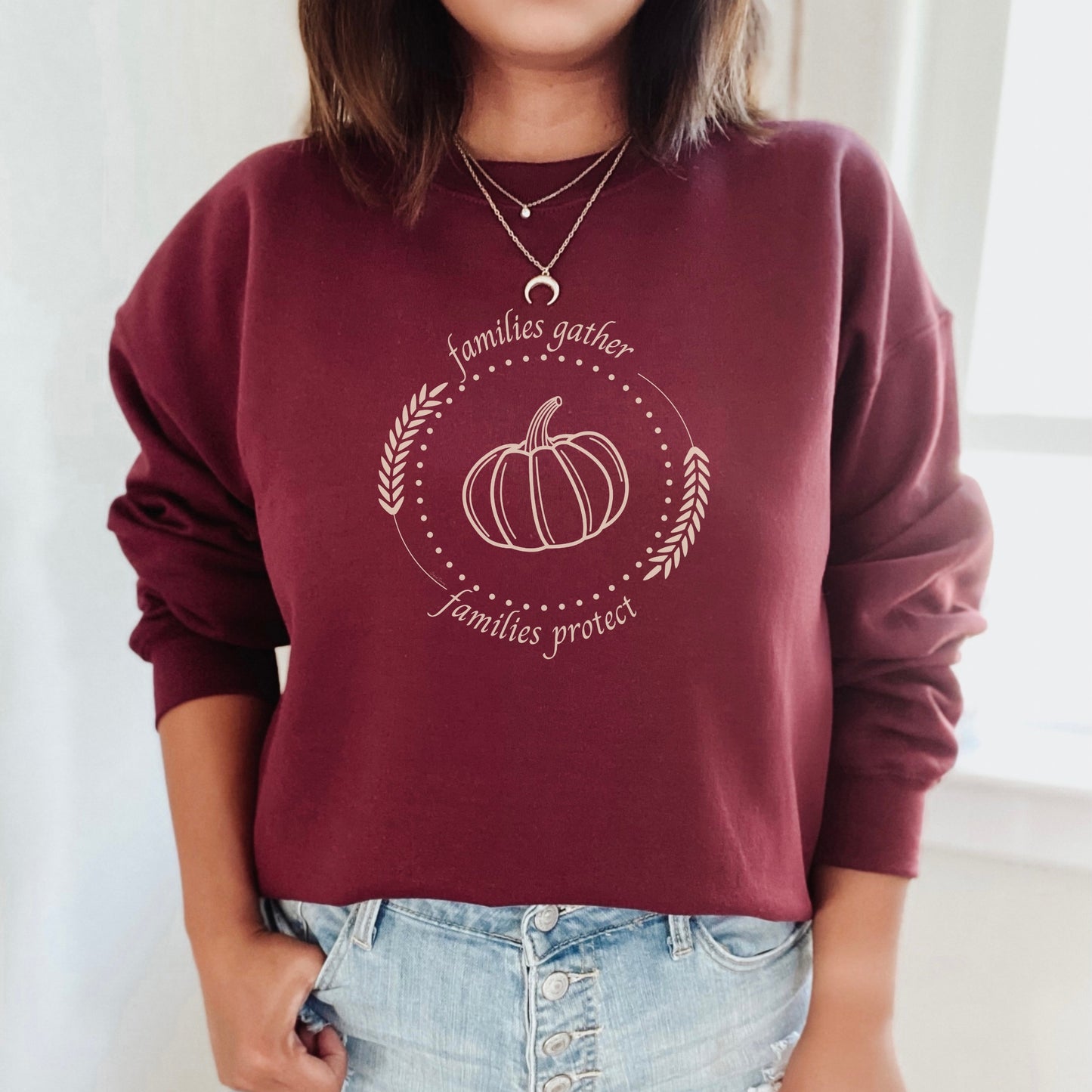 Adorned with a heartwarming autumn fall harvest pumpkin graphic and the inspiring message Families Gather, Families Protect, this crewneck sweatshirt stands as a testament to the unwavering support and protection families should offer to survivors.