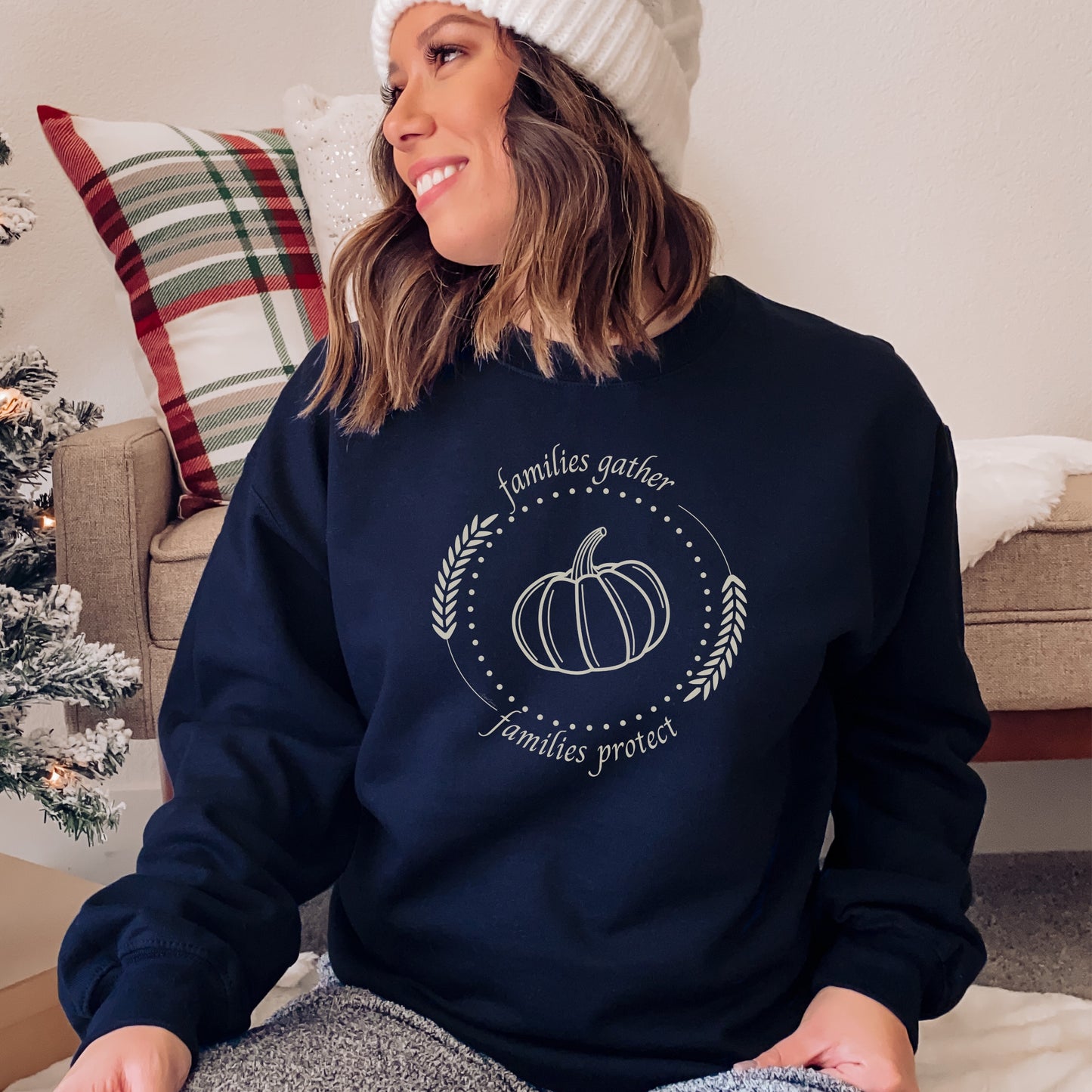 Adorned with a heartwarming autumn fall harvest pumpkin graphic and the inspiring message Families Gather, Families Protect, this crewneck sweatshirt stands as a testament to the unwavering support and protection families should offer to survivors.