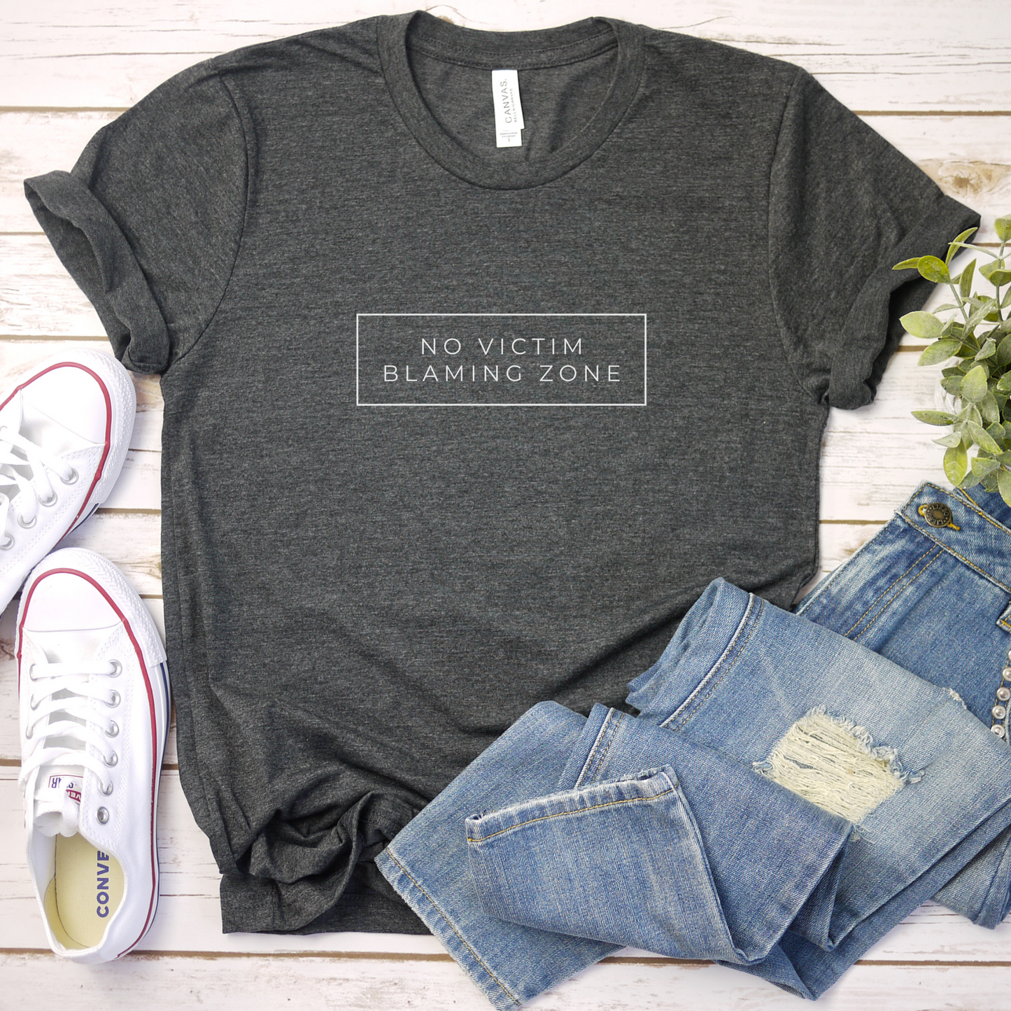 Bella + Canvas Dark Grey Heather No Victim Blaming Zone shirt for advocacy, activism, and survivor support.