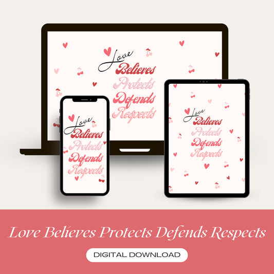 Proudly display the phrase "Love Believes Protects Defends Respects" in a beautiful red and pink retro font. Let your device be a beacon of empowerment reminding everyone what true love is for a survivor. Make your devices your daily affirmations.