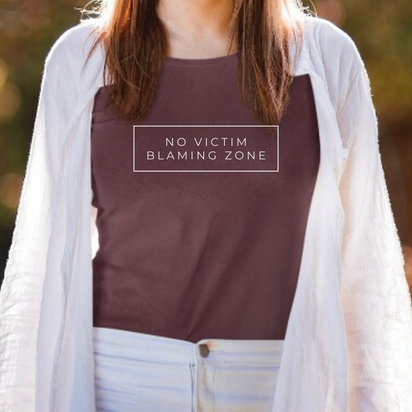 Bella + Canvas Maroon No Victim Blaming Zone shirt for survivor support, advocacy, and empowerment activism.