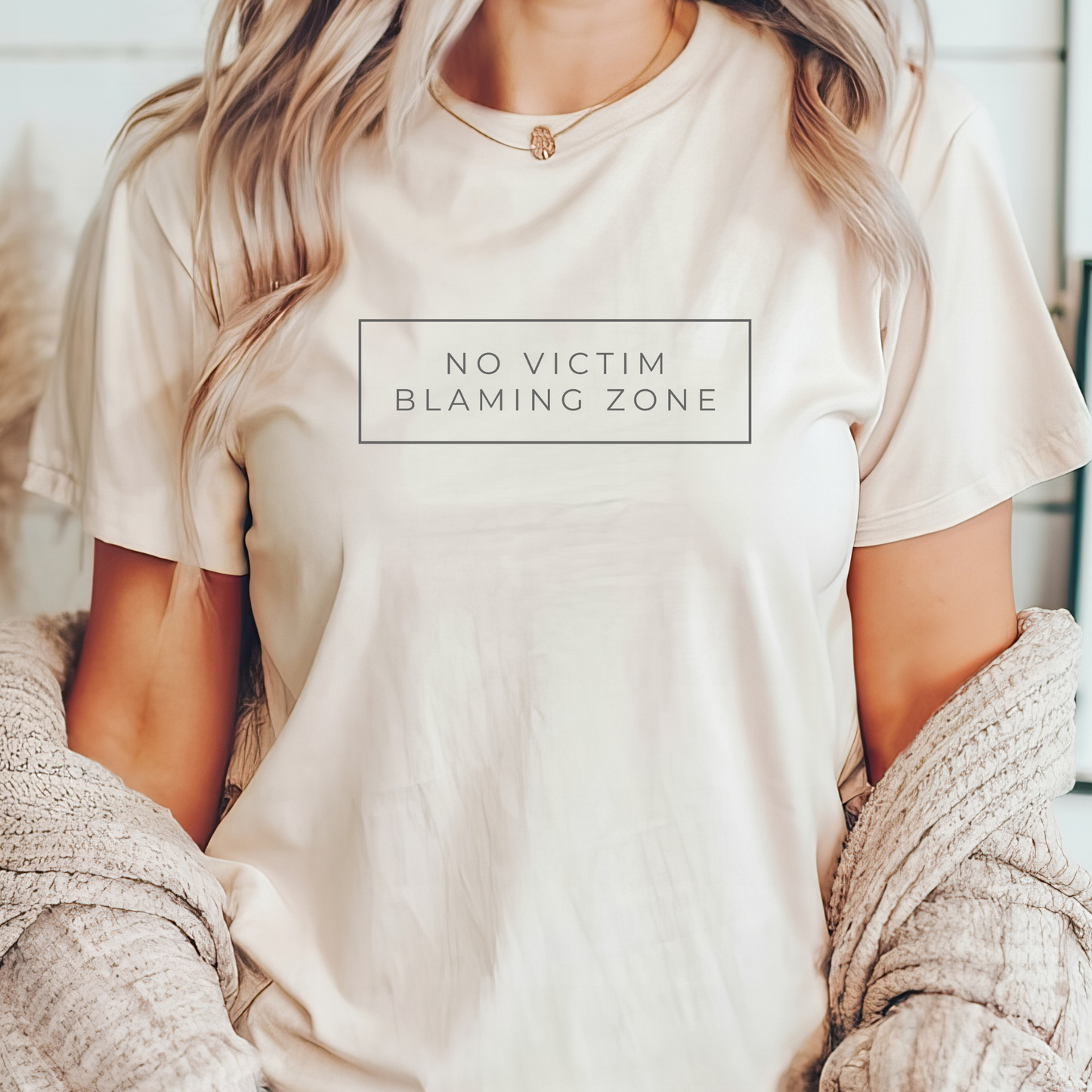 Bella + Canvas Natural No Victim Blaming Zone shirt for survivors, advocates, and allies. Empowerment graphic tee.