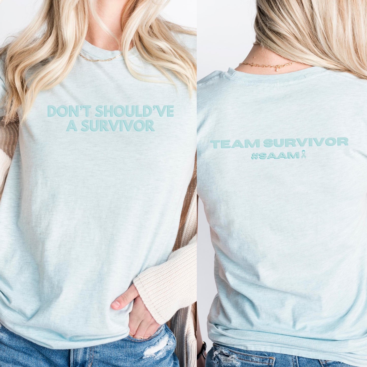 The front of the T-shirt has the empowering saying ‘Don’t Should’ve A Survivor’ and the back says Team Survivor SAAM with the teal awareness ribbon. Designed to support survivors and end victim blaming during April Sexual Assault Awareness Month (SAAM) and Denim Day. Perfect for survivors, child and victim advocates, and mental health advocates.