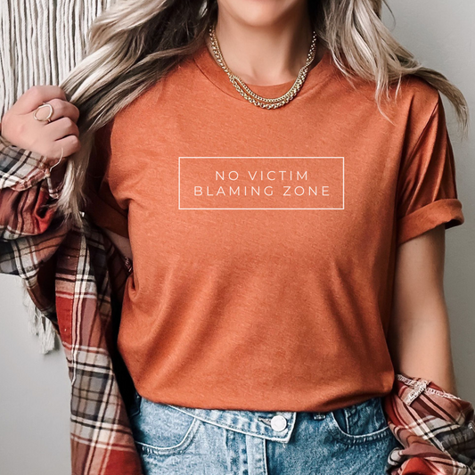 Soft Bella + Canvas Heather Autumn No Victim Blaming Zone shirt for survivor support, advocacy, and empowerment.