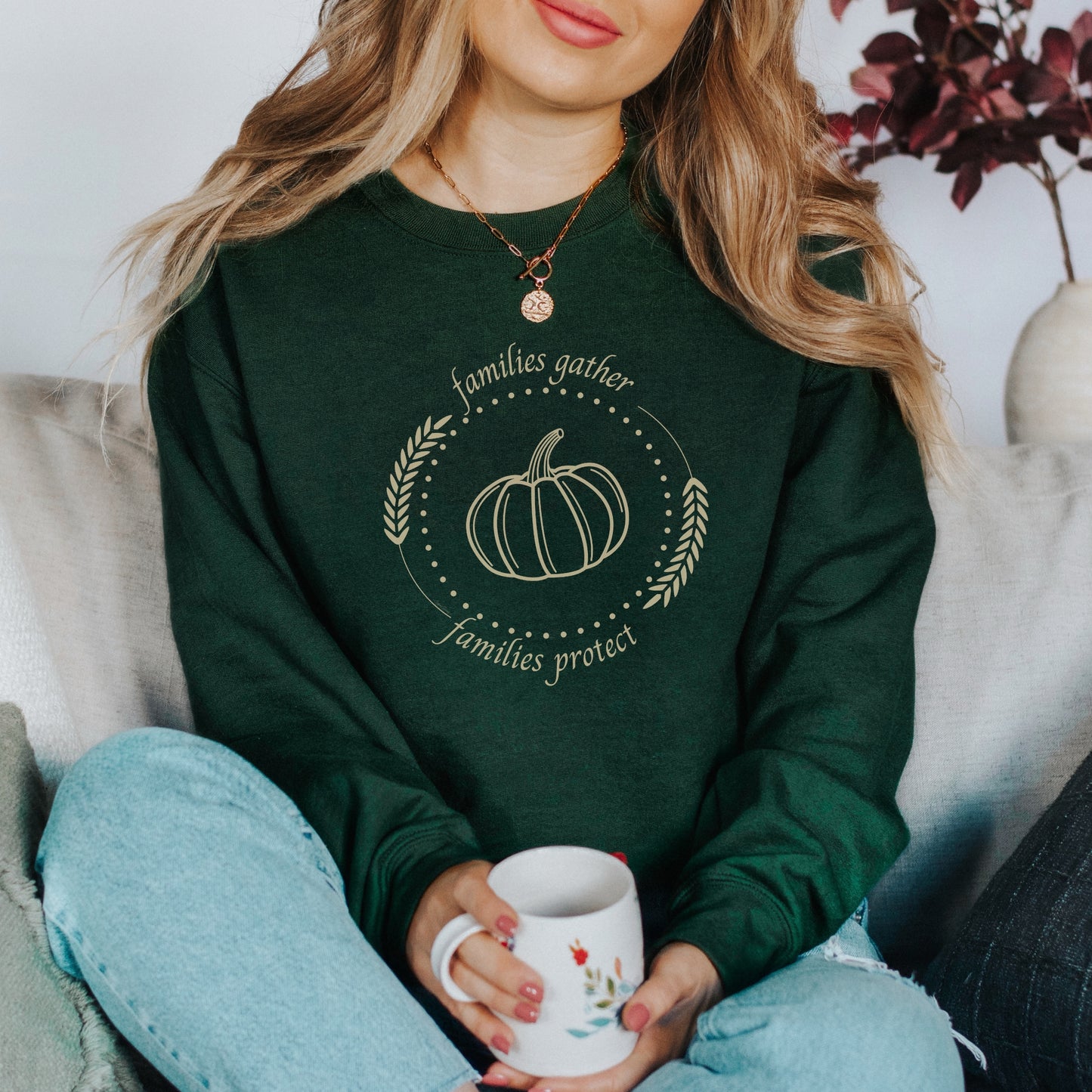 Adorned with a heartwarming autumn fall harvest pumpkin graphic and the inspiring message Families Gather, Families Protect, this crewneck sweatshirt stands as a testament to the unwavering support and protection families should offer to survivors.