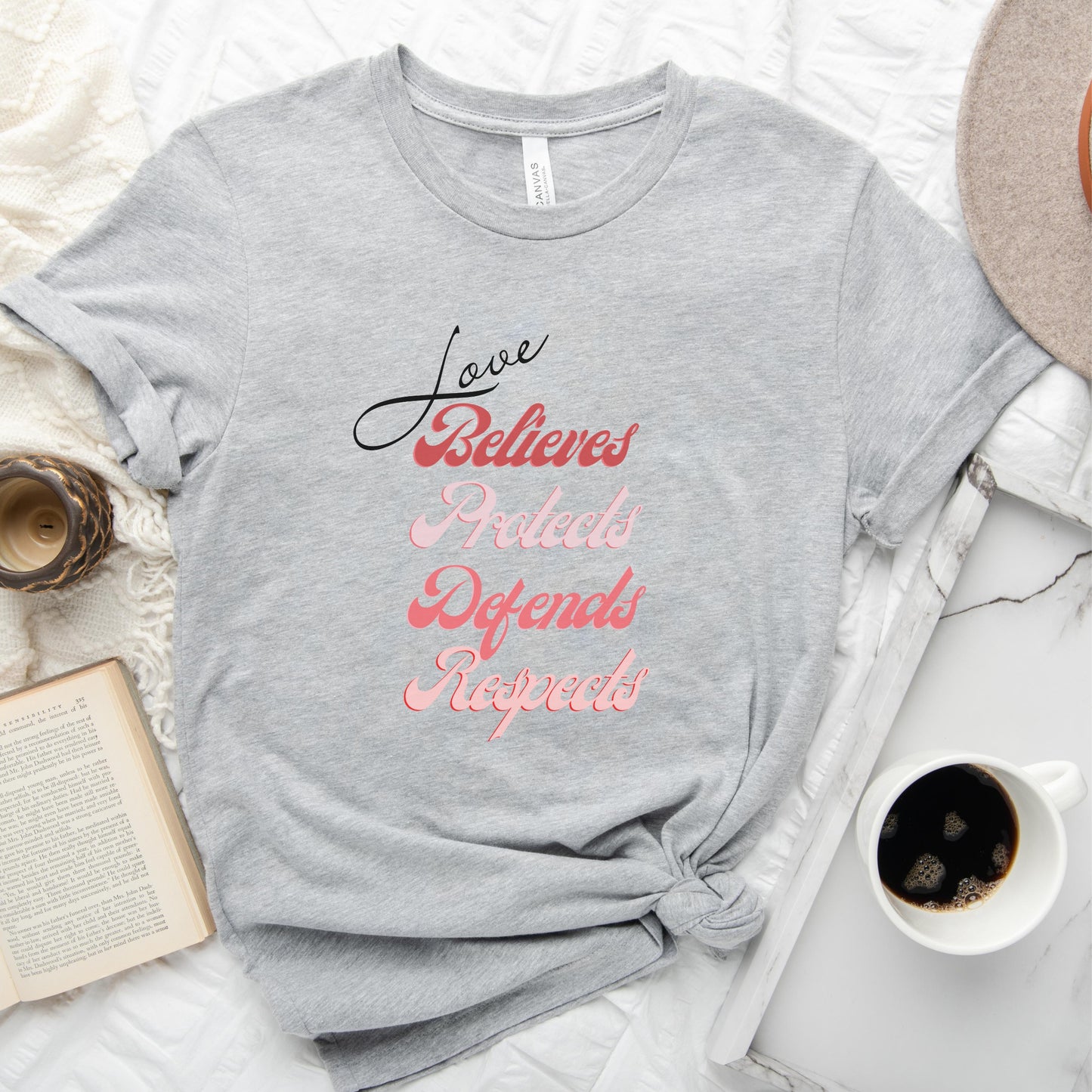 The front of this tshirt has the impactful phrase, "Love Believes Protects Defends Respects," artfully displayed in a beautiful retro font, capturing attention while spreading a message of compassion, strength, and support. Crafted with care and commitment, this tee combines a powerful message with a touch of retro elegance.