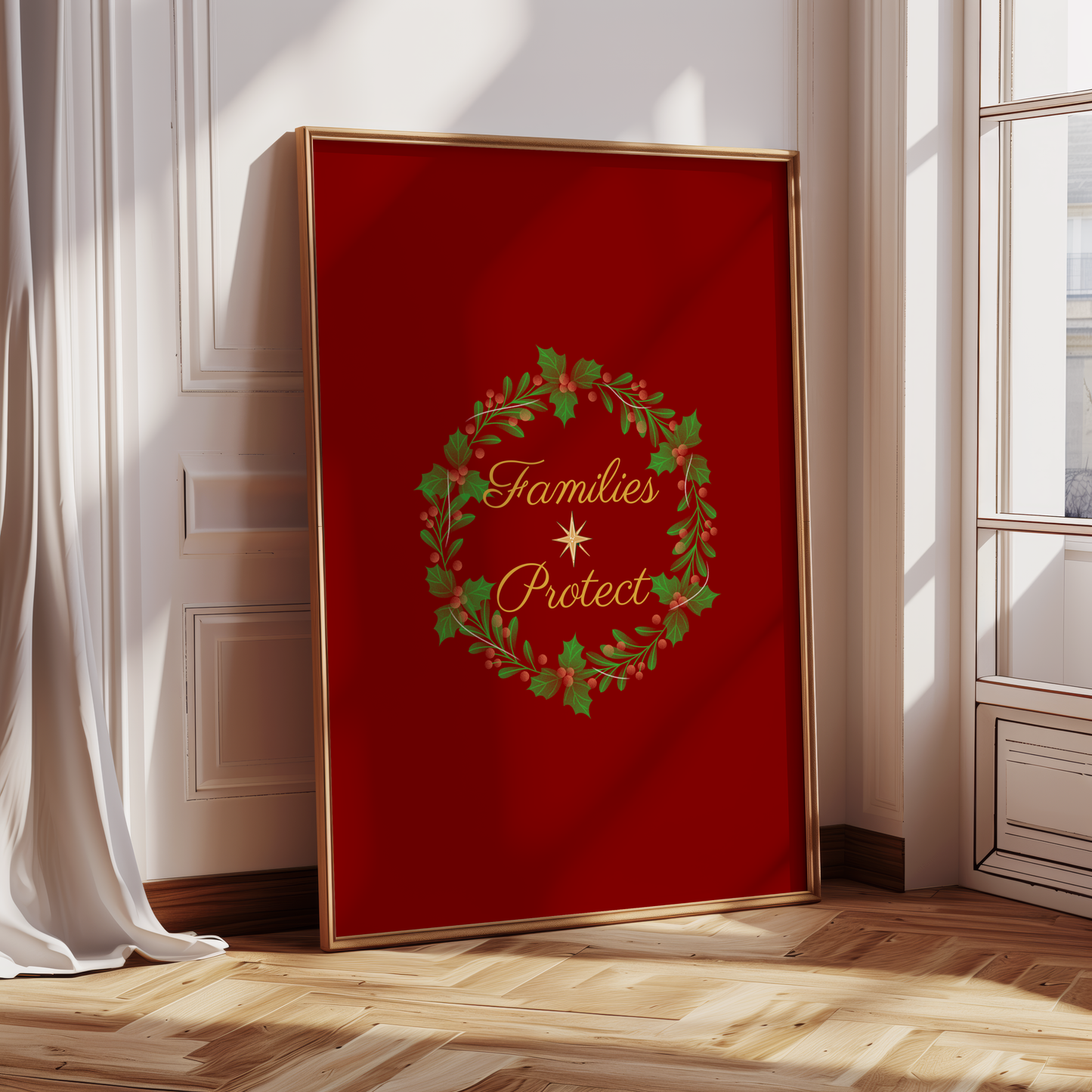This Families Protect holiday wall art digital download featuring a wreath and gold star is designed to add festive cheer with a powerful message. Perfect for survivors, advocates, and mental health supporters this printable holiday decor
