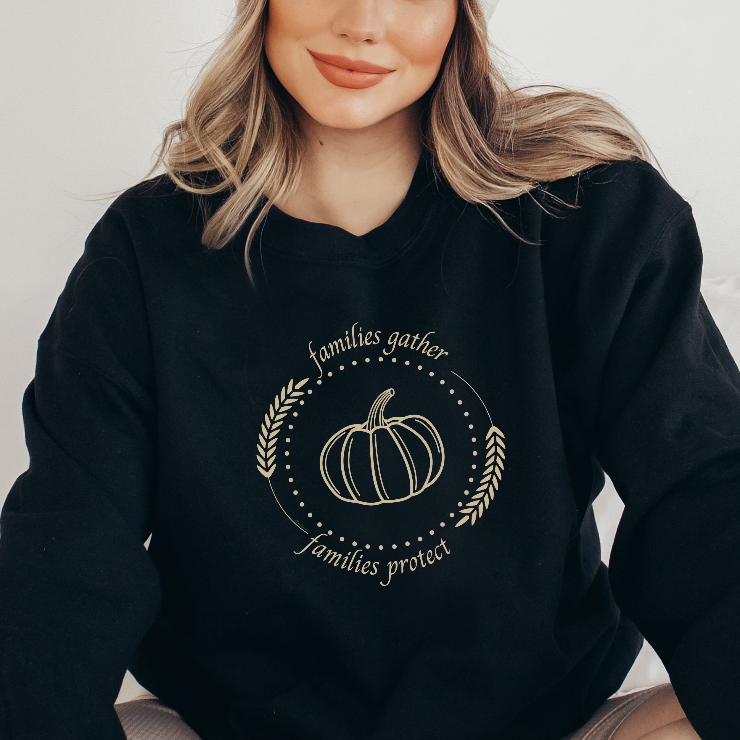 Adorned with a heartwarming autumn fall harvest pumpkin graphic and the inspiring message Families Gather, Families Protect, this crewneck sweatshirt stands as a testament to the unwavering support and protection families should offer to survivors.