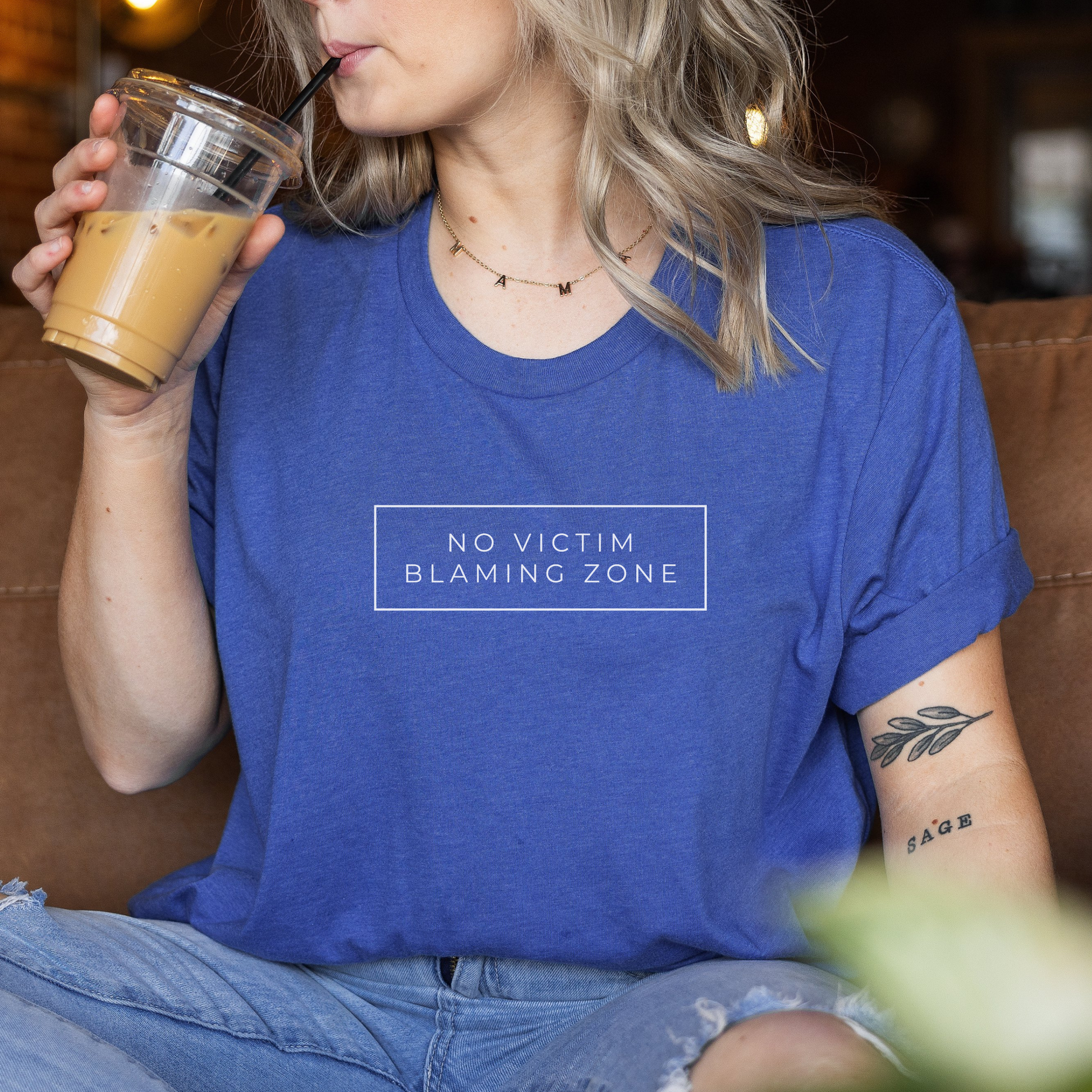 Soft Bella + Canvas Heather True Royal No Victim Blaming Zone shirt for activism, awareness, and survivor support.