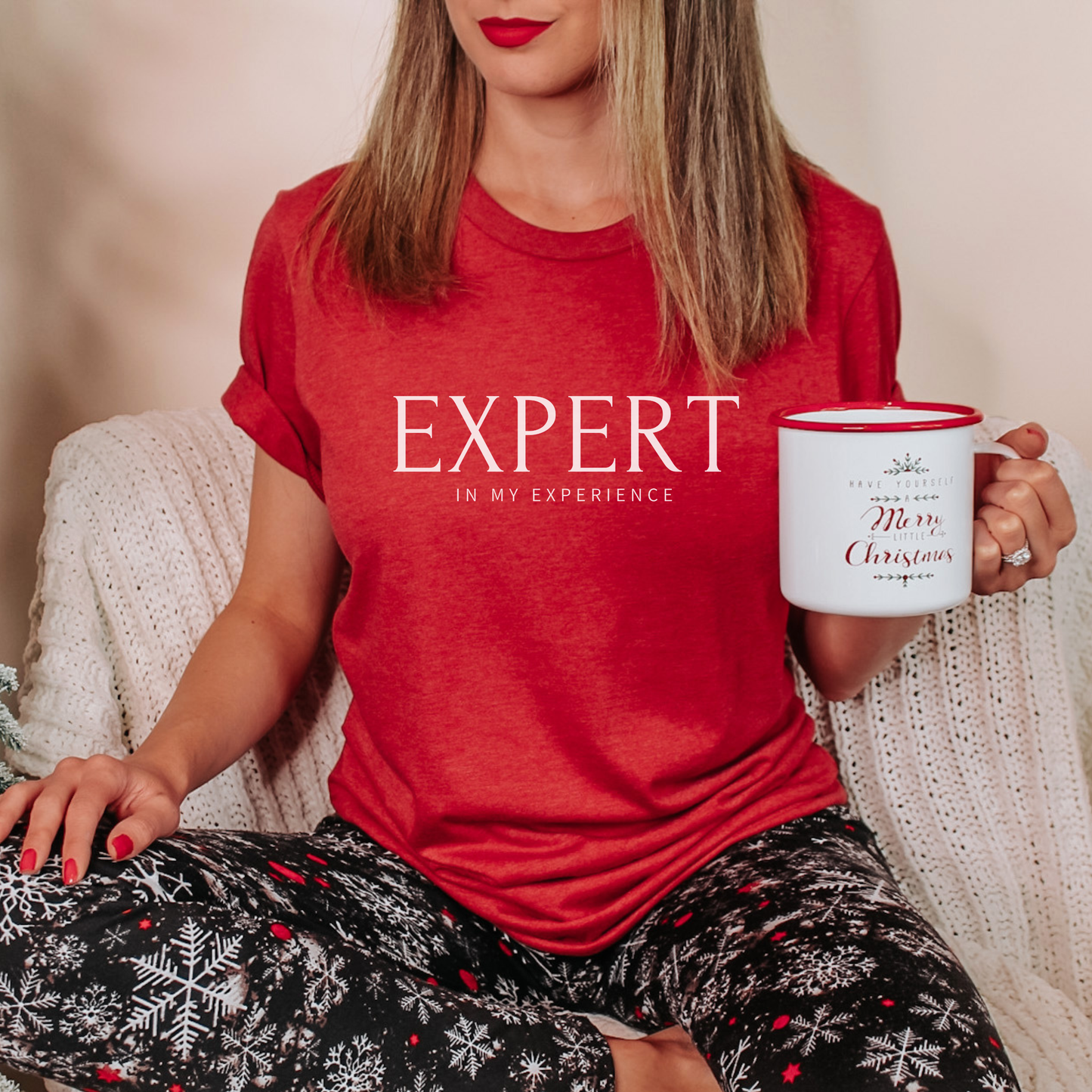 Expert in My Experience t-shirt in heather red with white print. Bold unisex empowerment shirt for survivors and awareness supporters.