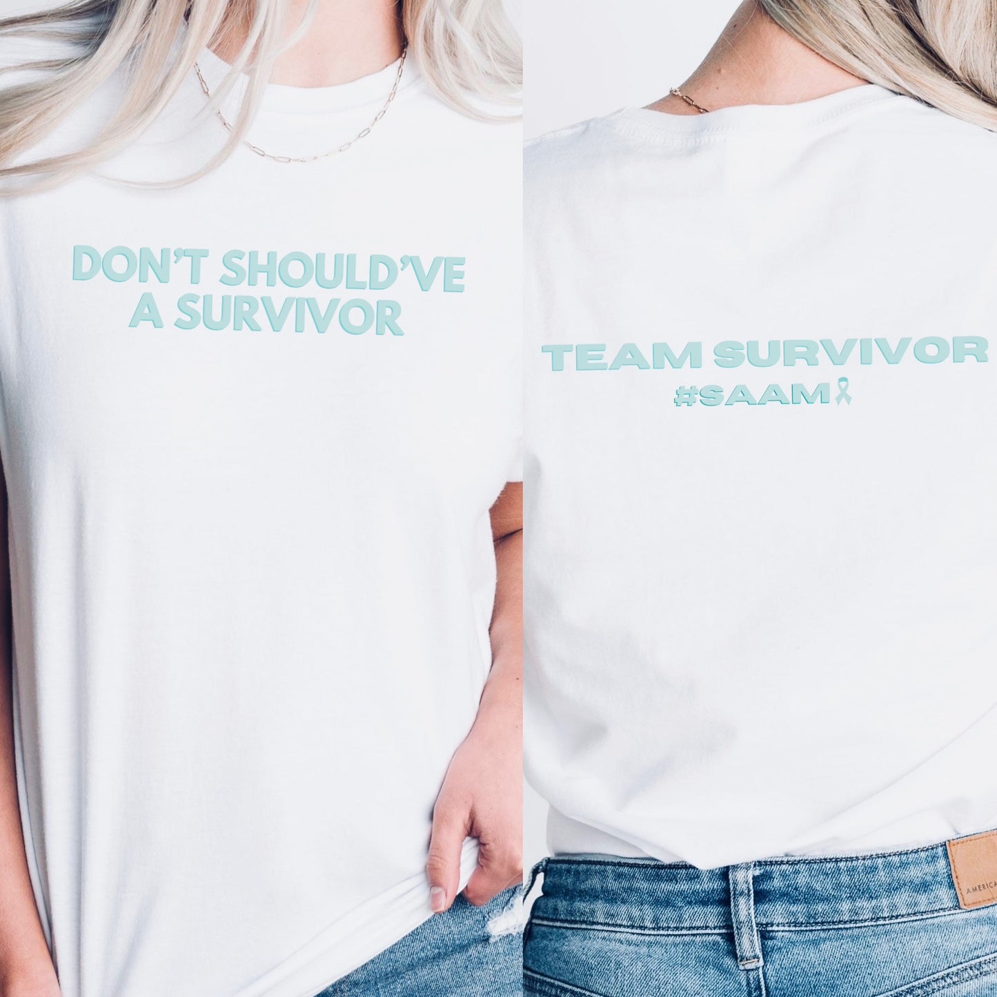 The front of the T-shirt has the empowering saying ‘Don’t Should’ve A Survivor’ and the back says Team Survivor SAAM with the teal awareness ribbon. Designed to support survivors and end victim blaming during April Sexual Assault Awareness Month (SAAM) and Denim Day. Perfect for survivors, child and victim advocates, and mental health advocates.