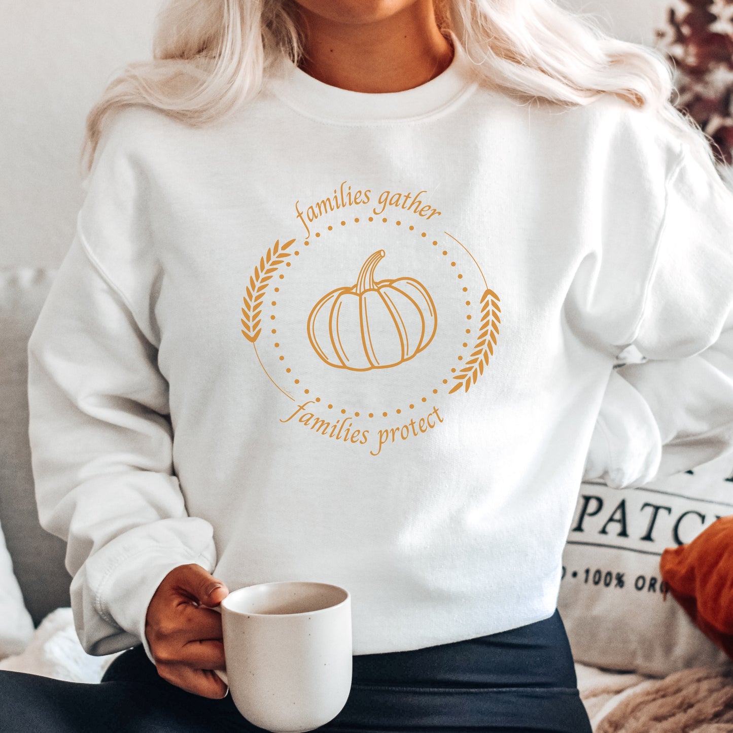 Adorned with a heartwarming autumn fall harvest pumpkin graphic and the inspiring message Families Gather, Families Protect, this crewneck sweatshirt stands as a testament to the unwavering support and protection families should offer to survivors.