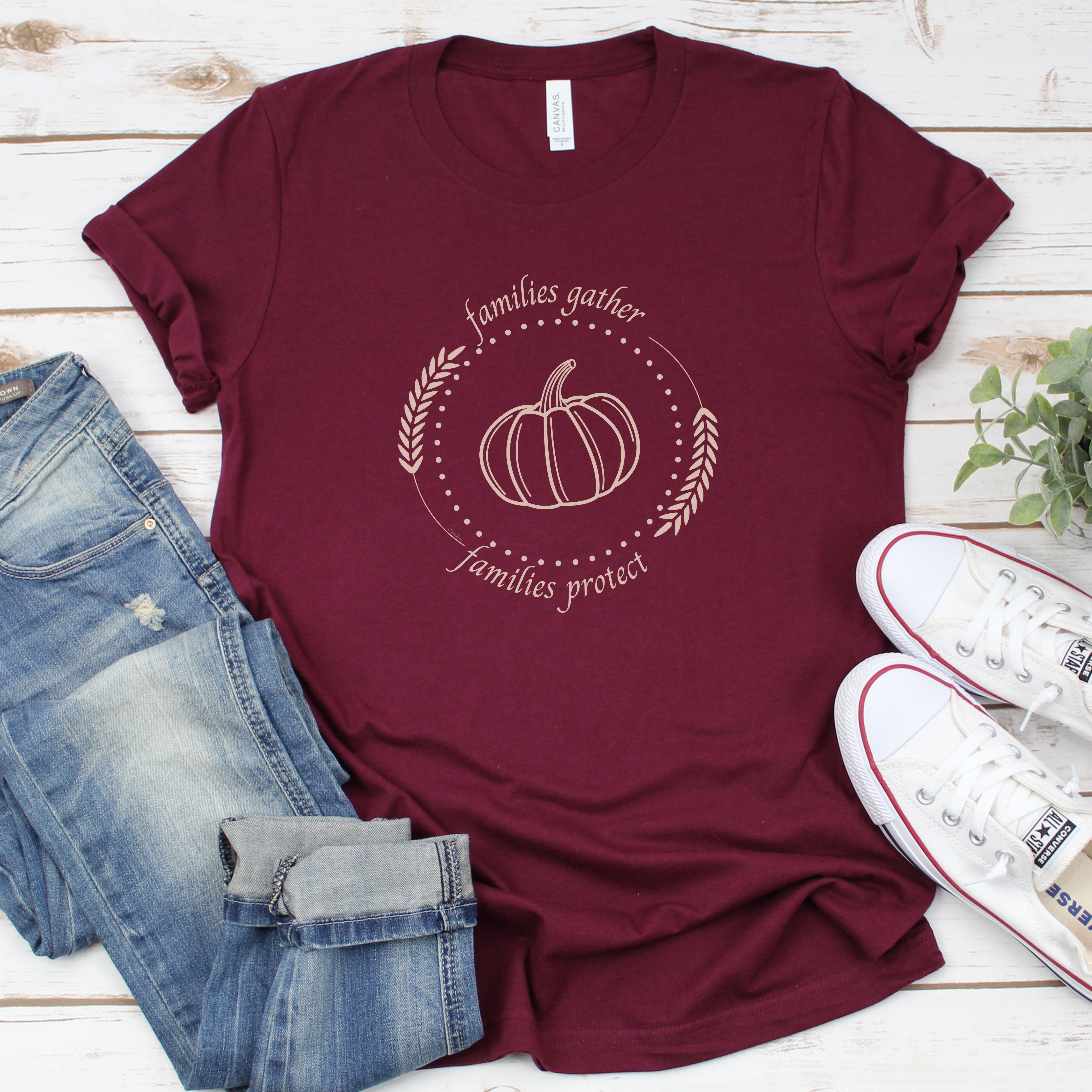 Adorned with a heartwarming autumn-fall harvest pumpkin graphic and the inspiring message Families Gather, Families Protect, this T-shirt stands as a testament to the unwavering support and protection families should offer to survivors.