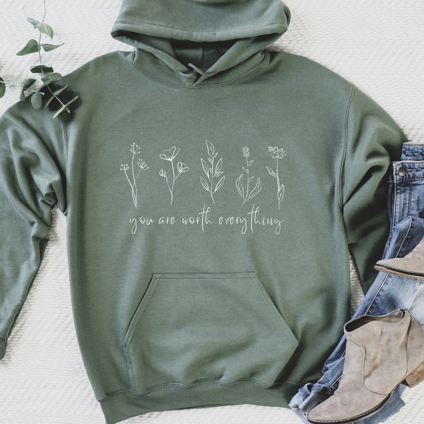 Adorned with beautiful wildflowers graphic and the empowering affirmation message You Are Worth Everything, this Tshirt is a wearable reminder of your inherent value worth and uniqueness.