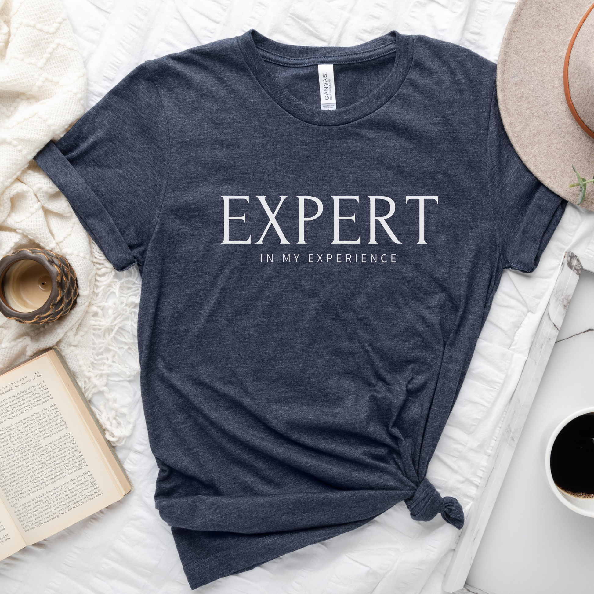 Expert in My Experience t-shirt in heather navy with white text. Deep blue unisex empowerment shirt for mental health supporters.